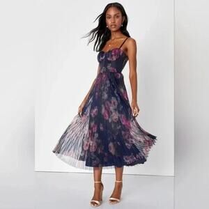 Lulus Alluring Invite Midnight Blue Floral Pleated Bustier Sleeveless Midi Dress